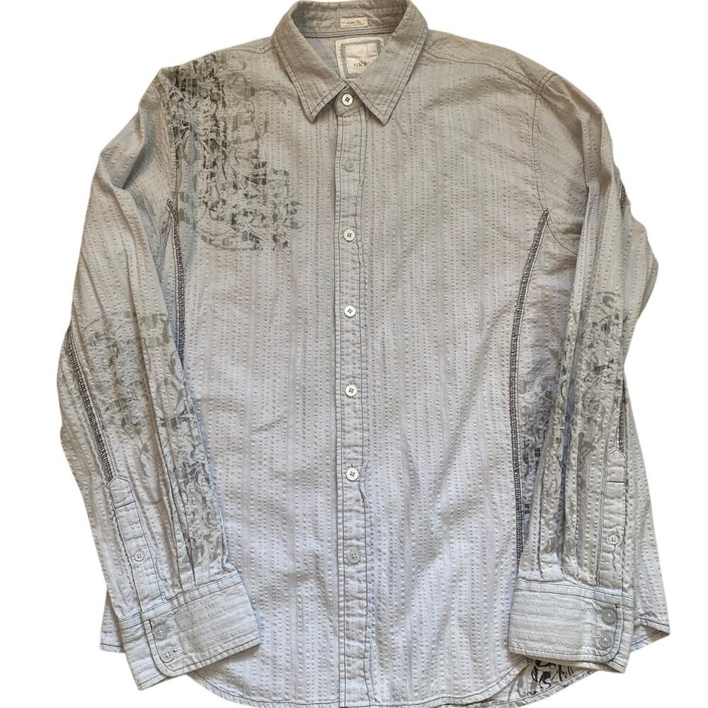 BKE Mens XL Slim Fit Long Sleeve Graphic Button Up Shirt Light Blue Wash